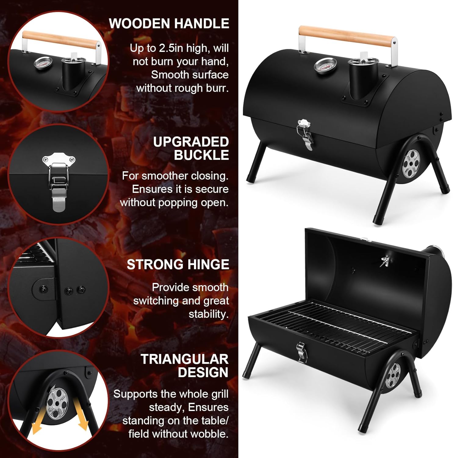 Joyfair Portable Charcoal Grill with Thermometer, Small Tabletop Barbecue Grill for Outdoor Camping Backyard Party BBQ Cooking, Extra Thick Steel & Heavy Duty, Innovative Design & Easy Assembly