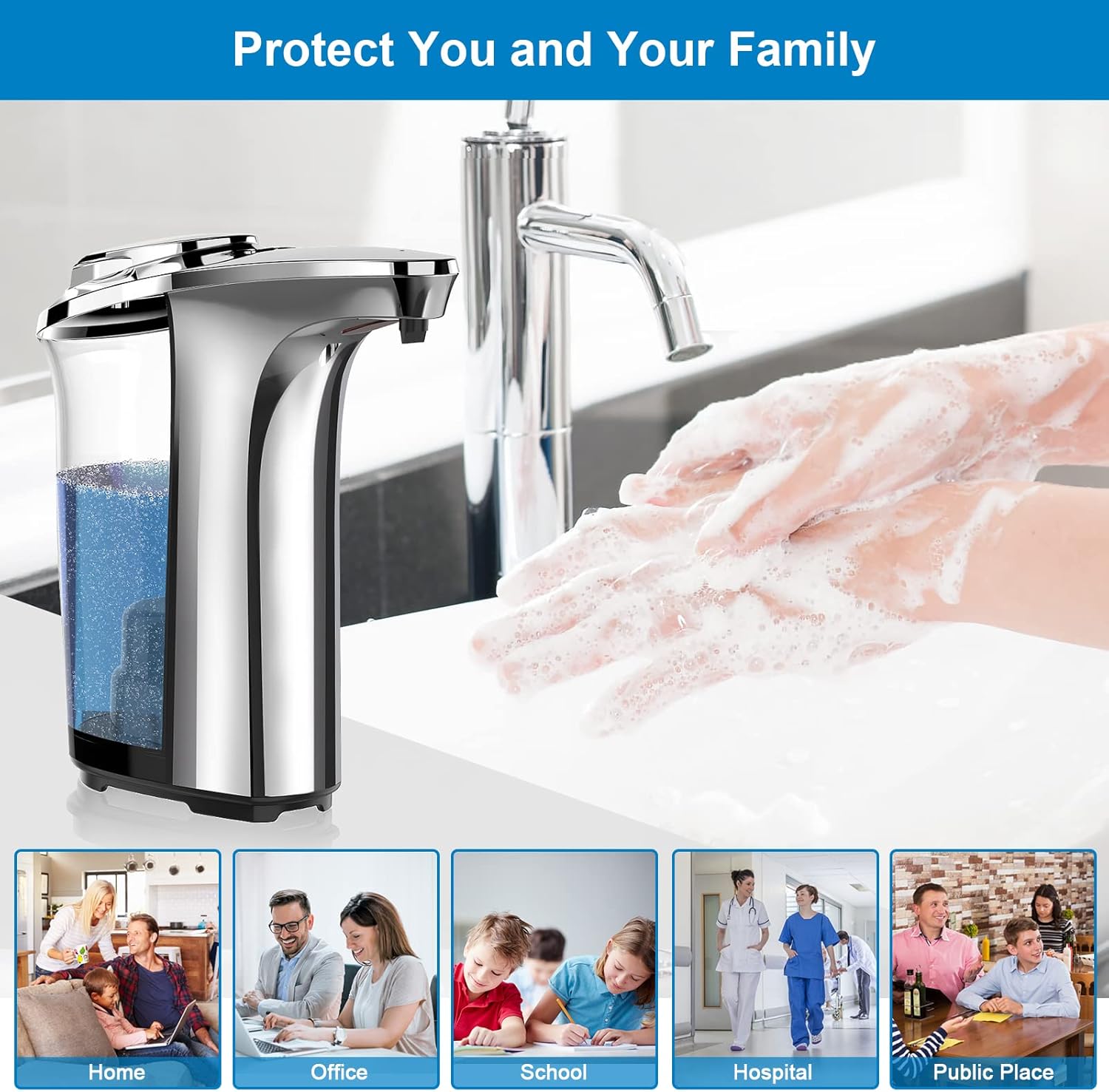 Automatic Soap Dispenser, Touchless Dish Soap Dispenser 17oz/500ml with Infrared Sensor, 5 Adjustable Soap Levels, Liquid Dispenser for Bathroom Kitchen (Silver)