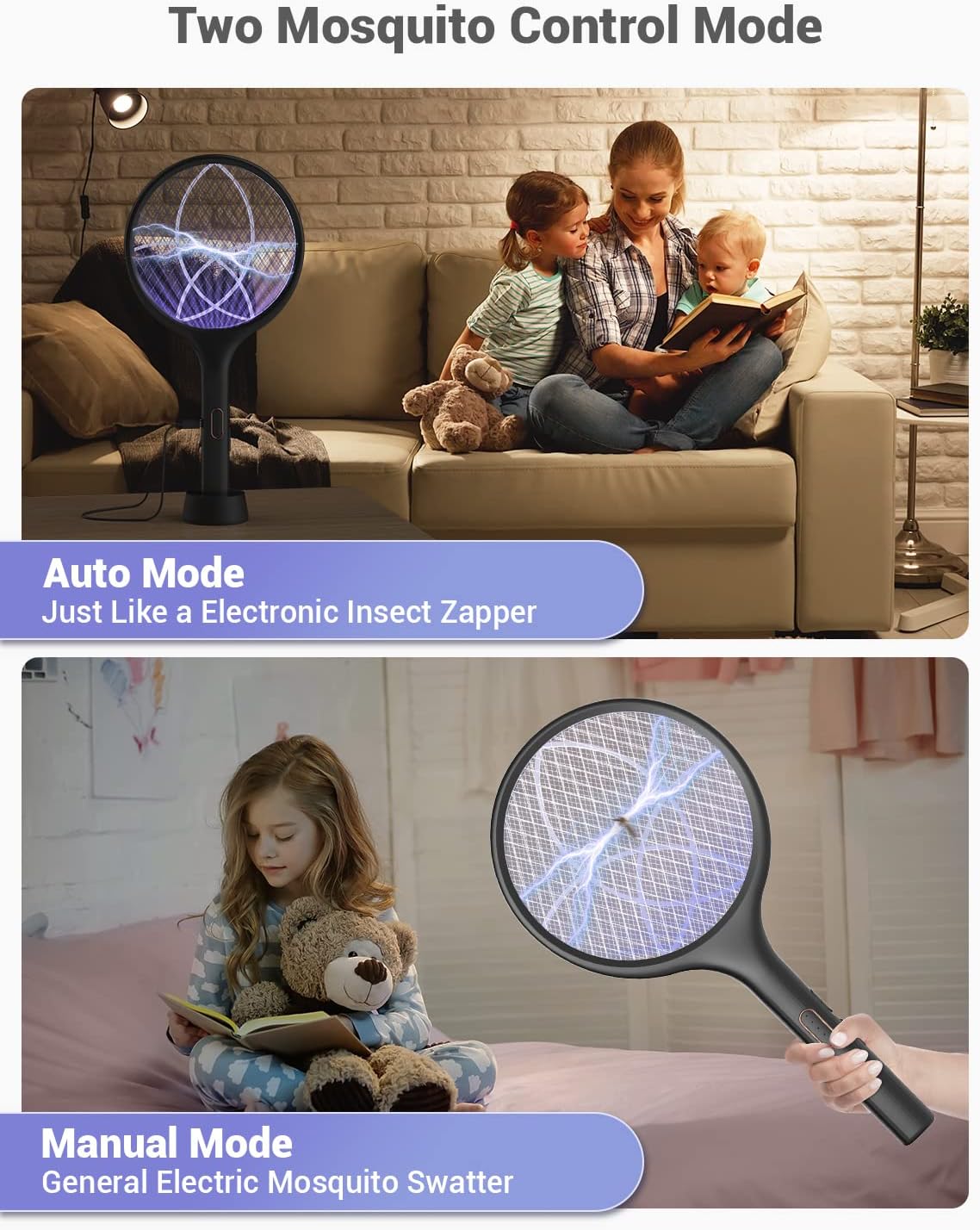 YISSVIC Electric Fly Swatter Bug Zapper Racket Dual Modes Mosquito Killer with Purple Mosquito Light Rechargeable for Indoor Home Office Backyard Patio Camping (Black) (Black-1 Pack)