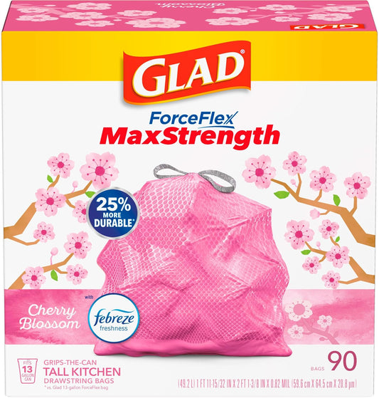 Glad Tall Kitchen Trash Bags 13 Gallon, MaxStrength Cherry Blossom Garbage Bags, Drawstring, 90 Count