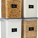 Vtopmart 4 PCS Large Food Storage Containers 5.2L / 175oz, 4 Pieces BPA Free Plastic Airtight Canisters for Flour, Sugar, Baking Supplies, Rice with Lids, 4 Measuring Cups and 24 Labels, Black