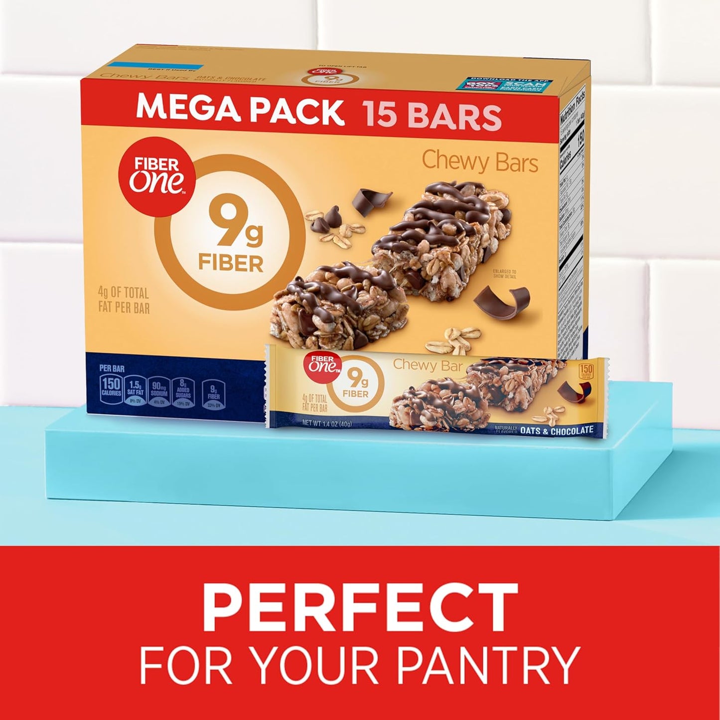 Fiber One Chewy Bars, Oats and Chocolate, Fiber Snacks, Mega Pack, 15 Ct, 21.2 oz