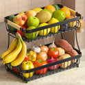 2 Tier Large Fruit Basket for Kitchen Counter with 2 Mobile Banana Hangers, 2025 Pro Detachable Metal Fruit Bowl with Wooden Handle (Black, 2 Tier)