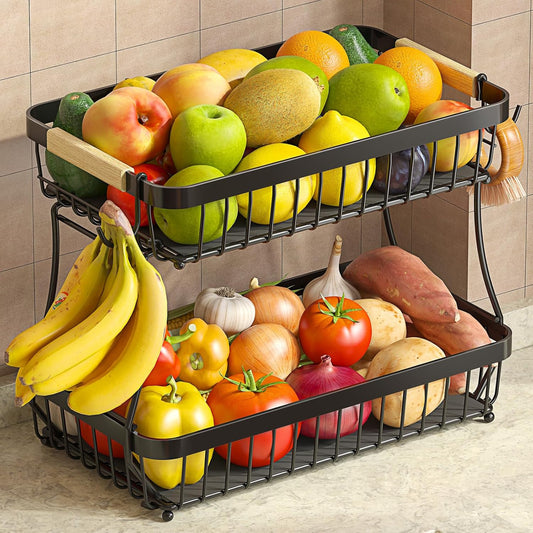 2 Tier Large Fruit Basket for Kitchen Counter with 2 Mobile Banana Hangers, 2025 Pro Detachable Metal Fruit Bowl with Wooden Handle (Black, 2 Tier)