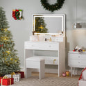 Haewon Vanity Desk with Mirror and LED Lights, White Makeup Vanity with Power Outlet, Storage Drawers and Chair, Dressing Table Set for Bedroom Dressing Room