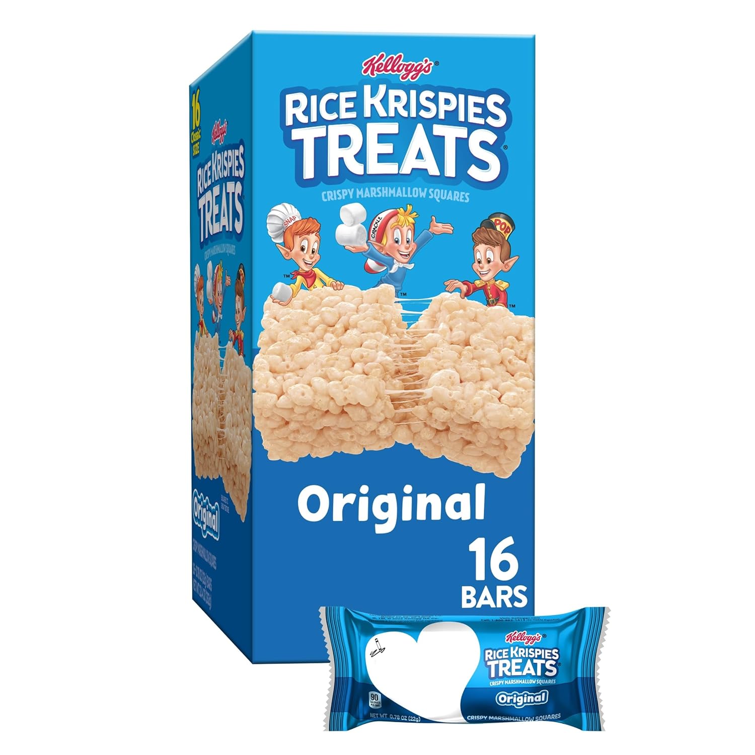 Rice Krispies Treats Marshmallow Snack Bars, Kids Snacks, Lunch Snacks, Original, 12.4oz Box (16 Bars)
