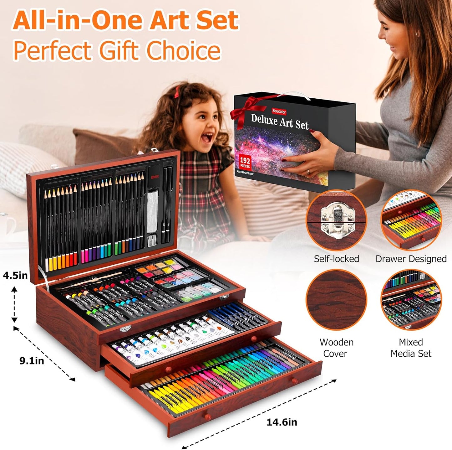 Soucolor Art Supplies, 192-Pack Deluxe Art Set Drawing Painting Supplies Kit with Acrylic Pad, Watercolor Pad, Sketch Book, Canvases, Acrylic Paint, Crayons, Pencils, Gifts for Artist Adults Teen Kids
