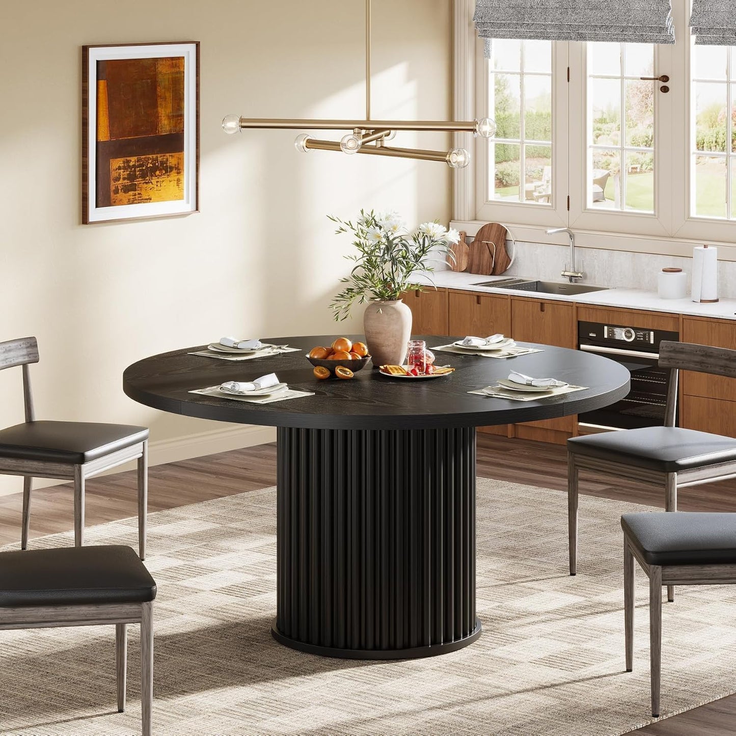 Tribesigns 47.24-Inch Black Round Dining Table for 4-6 People, Modern Fluted MDF + Metal Base Kitchen Table, Sturdy Circle Dining Room Furniture, Black