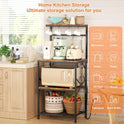 Kitchen Bakers Rack with Power Outlet, Small Coffee Bar Cart 4 Tiers, Microwave Stand Station with 8 S Hooks, Adjustable Shelf, Freestanding Kitchen Appliance Organizer, Rustic Brown
