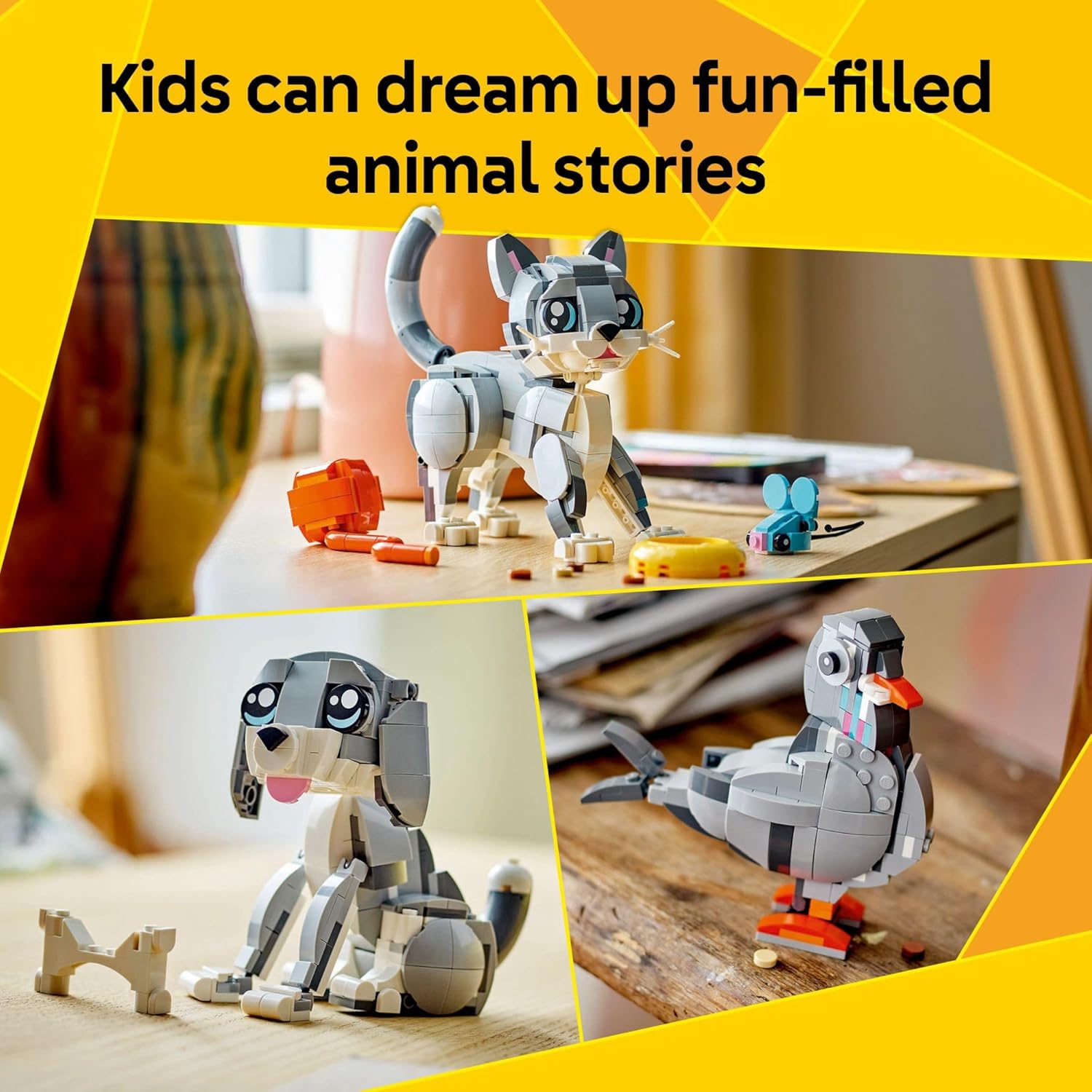 LEGO Creator 3 in 1 Playful Cat Toy - Building Toy with 3 Building Options, Cat, Dog, or Pigeon - Birthday Gift for Kids - Animal Figures for Kids, Girls and Boys, Ages 8+ - 31163