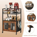 Coffee Bar Cabinet, 3 Tier Coffee Station Table on Wheels, 35.9" H Bar Cart with Wire Basket Drawer & 5 Hooks for Home Kitchen, Liquor Buffet Sideboard Cabinet (Rustic Brown)