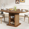 Extendable Round Dining Table for 4-6-8, 59 Inch Dining Room Kitchen Table with Storage, Fluted Wood Slide Door, Modern Oval Circle Dinner Furniture for Living Room, Farmhouse, Brown, Walnut