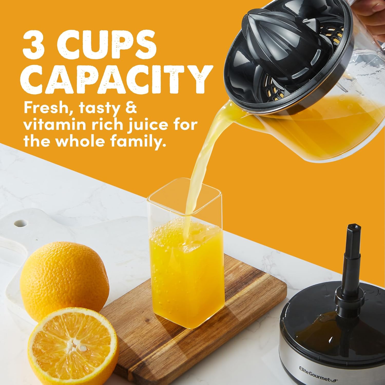 Elite Gourmet ETS623 BPA-Free 40-Watt Electric Citrus Juicer, Compact, Large Volume, Pulp Control, Oranges, Lemons, Limes, Grapefruits with Easy Pour Spout, 24oz, Black/Stainless Steel