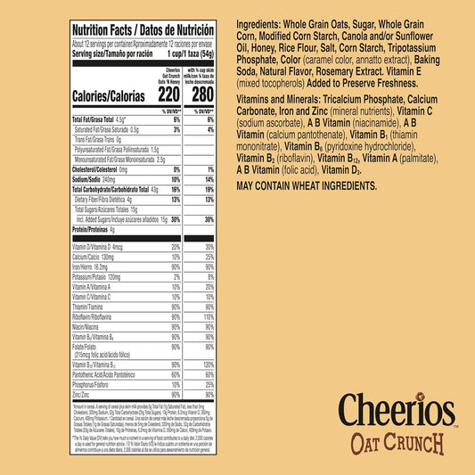Cheerios Oat Crunch Oats 'N Honey Breakfast Cereal, Made with Whole Grain, Family Size, 24 oz