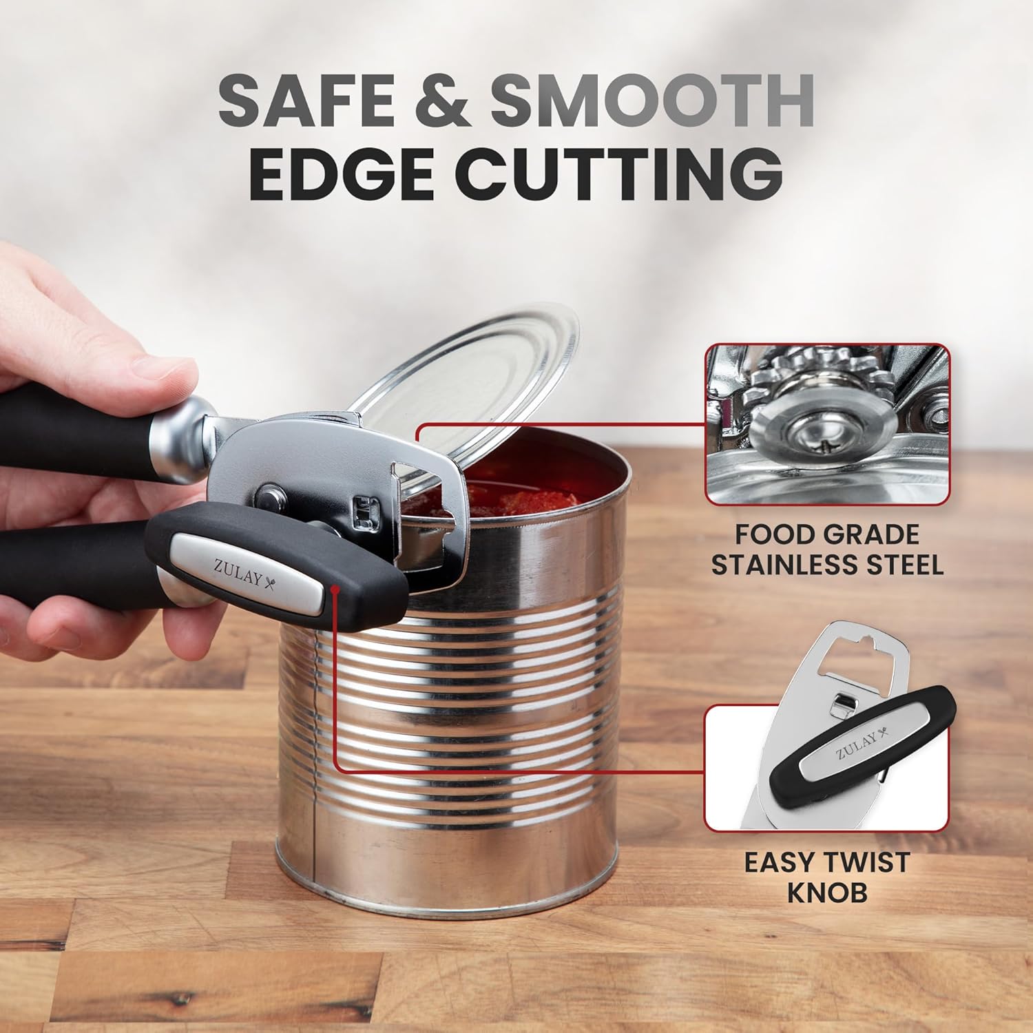 Zulay Kitchen Heavy Duty Stainless Steel Can Opener Manual with Bottle Opener - Rust Proof Manual Can Opener With Turn Knob & Comfy Soft Grip Handles - Black