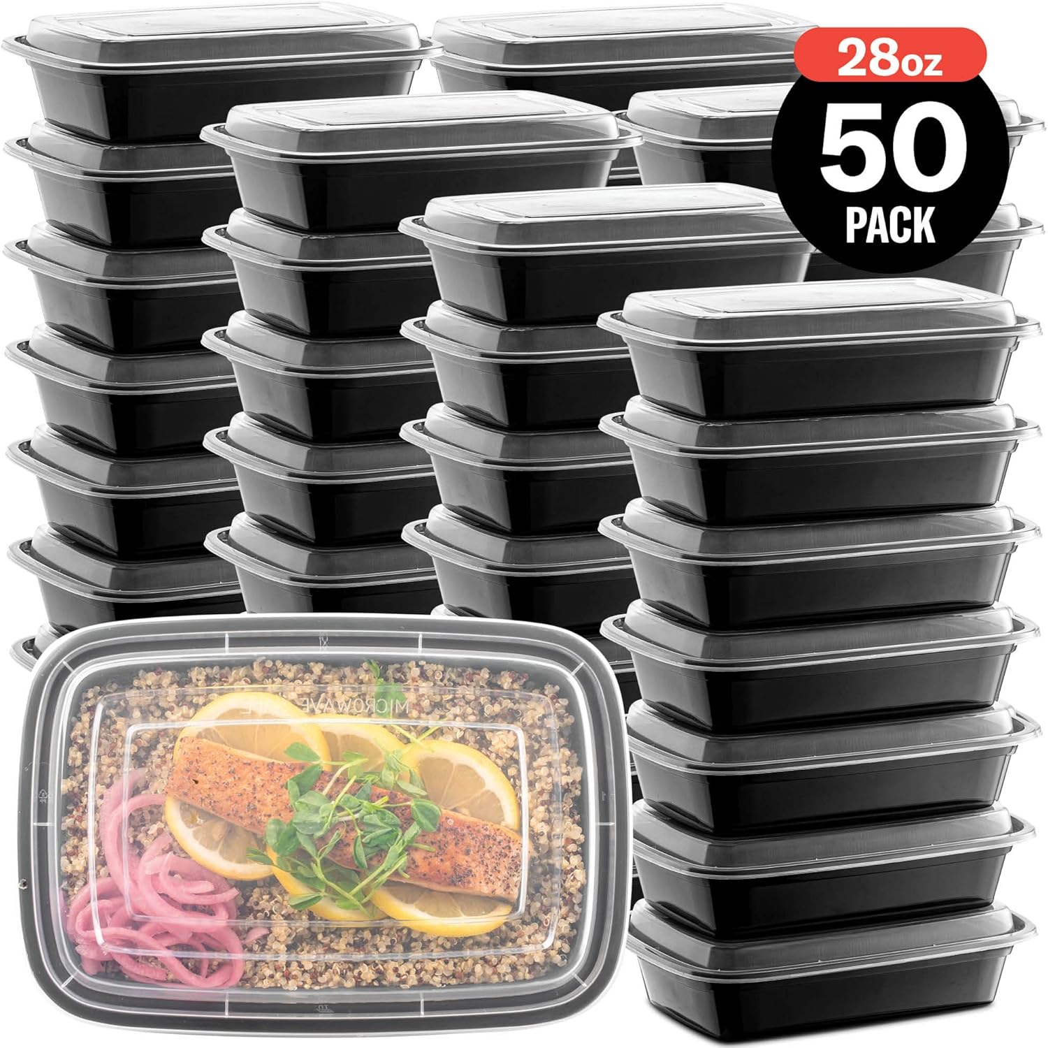 50-Pack Reusable Meal Prep Containers Microwave Safe Food Storage Containers with Lids, 28 oz - 1 Compartment Take Out Disposable Plastic Bento Lunch Box To Go, BPA Free - Dishwasher & Freezer Safe