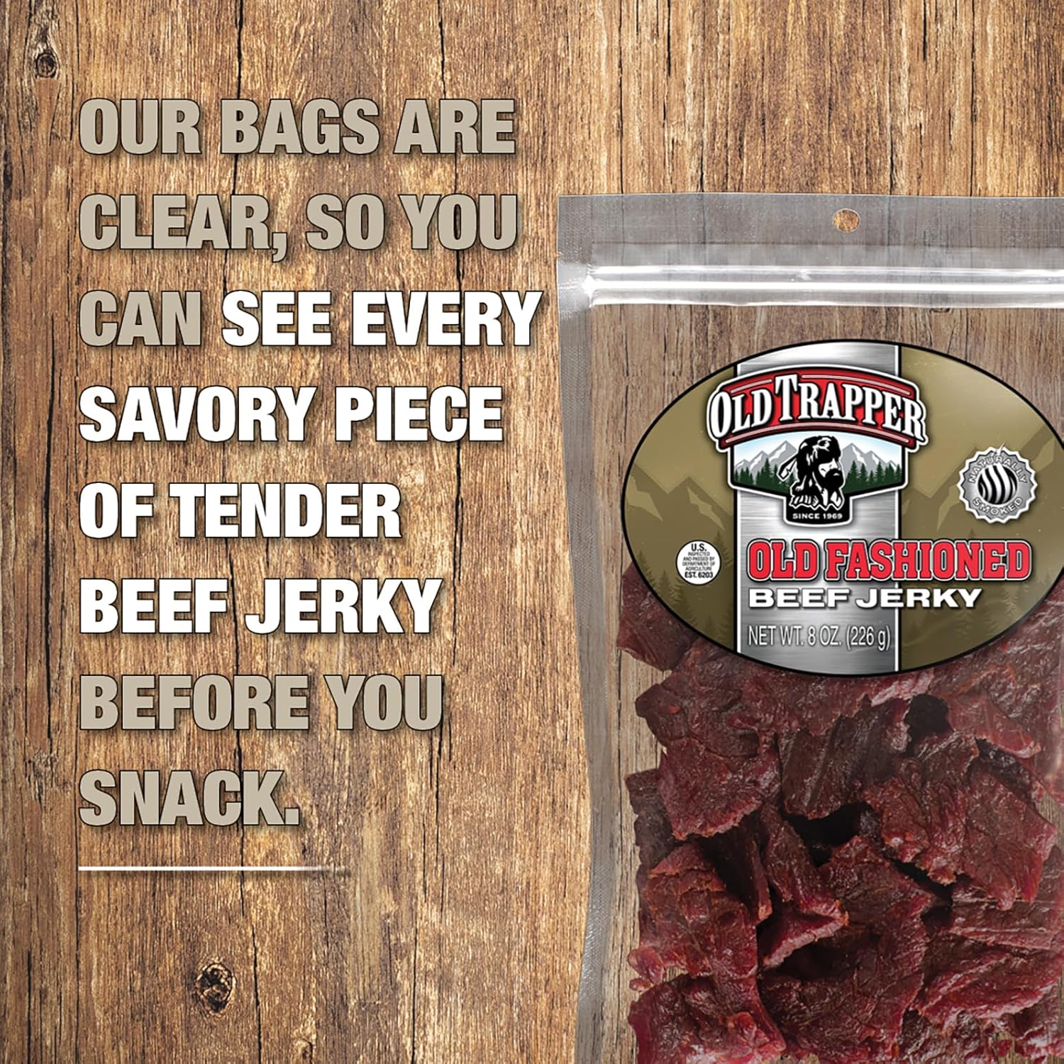 Old Trapper Beef Jerky, Old-Fashioned 8 Ounce Bag, Tender Meat Snacks for Lunches or Between Meals, 11 Grams of Protein, Zero Grams of Fat, and 70 Calories per Serving (Pack of One)