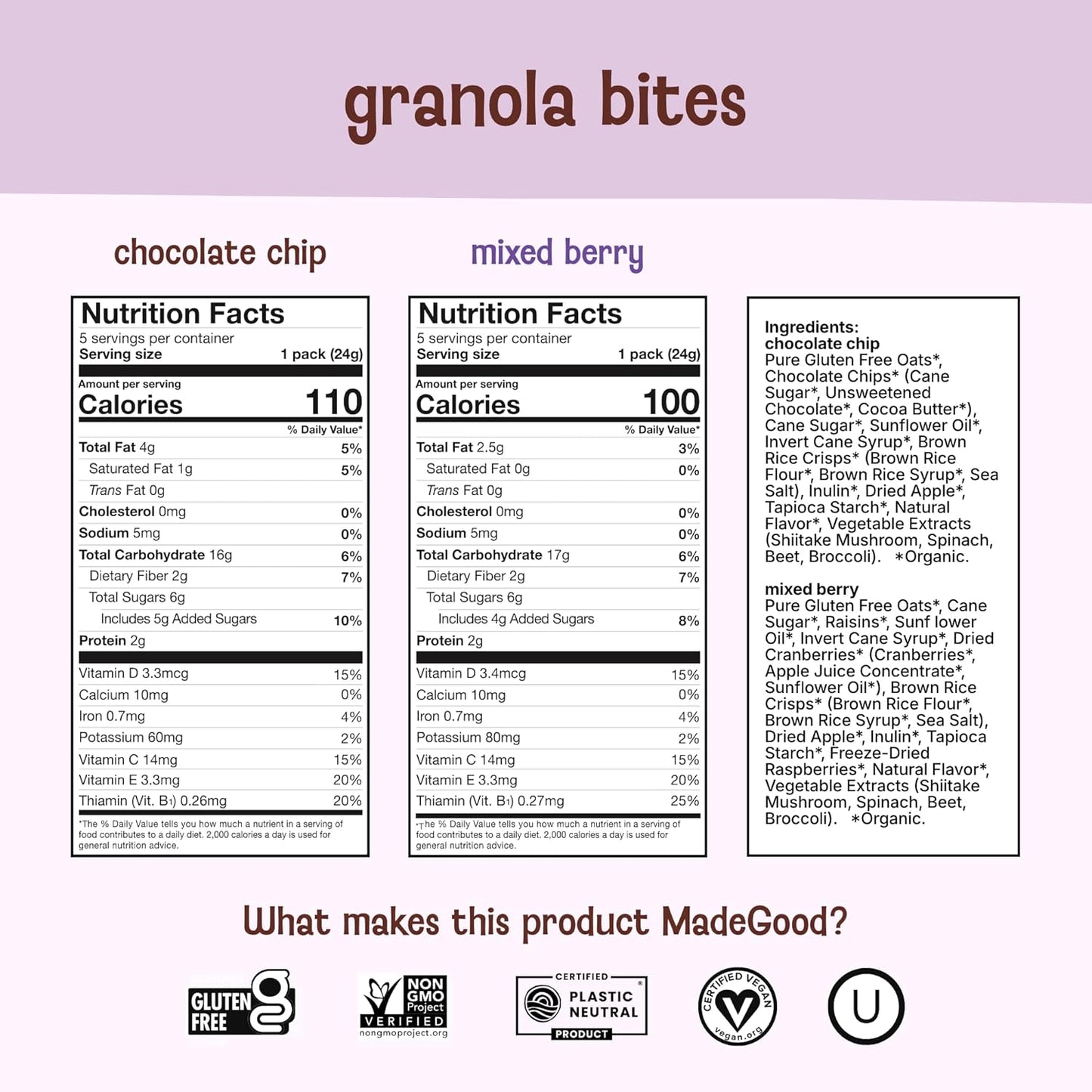 MadeGood Granola Bites Chocolate Chip & Mixed Berry Variety Pack (28 Count) Gluten Free and Organic Snacks