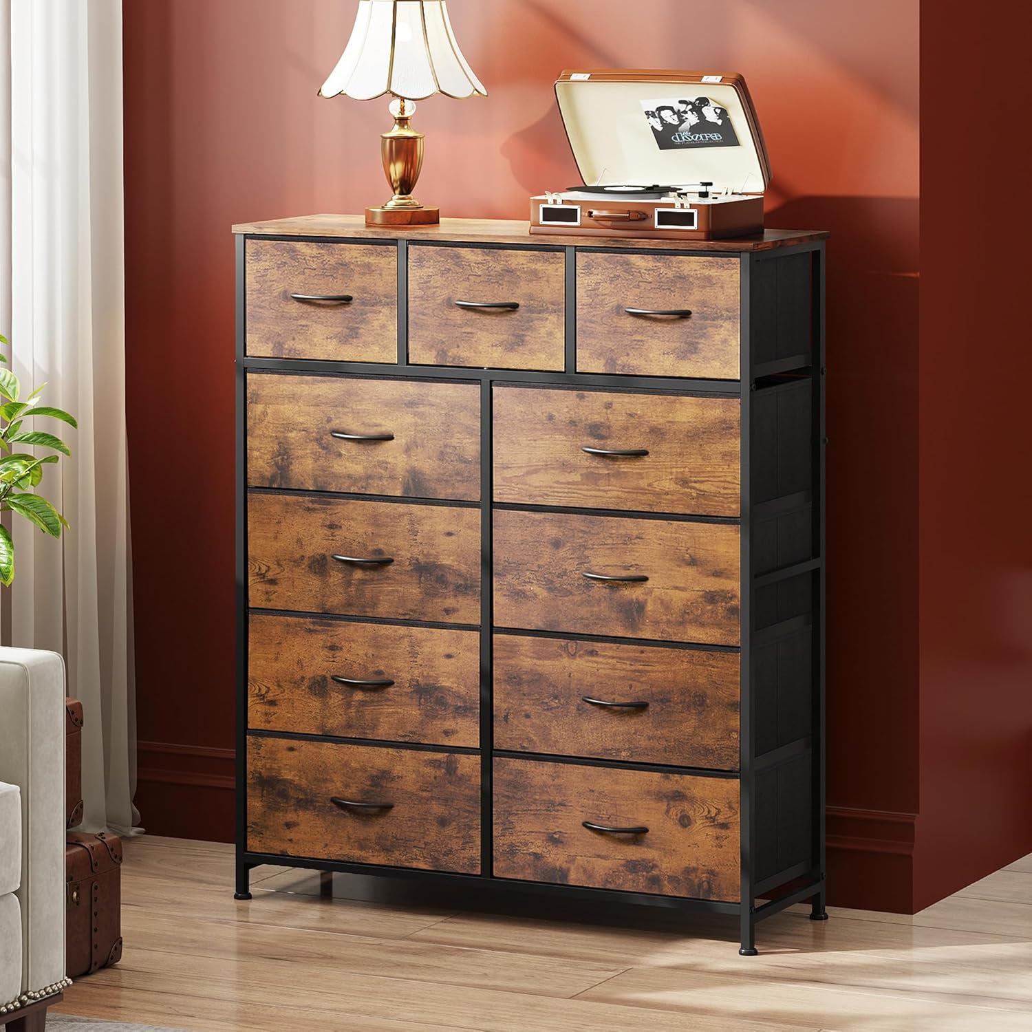 WLIVE Storage Organizer Unit with 11 Fabric Bins, Storage Drawers Organizer with Steel Frame, Tall Storage Tower Organizaton for Living Room, Hallway, Office, Rustic Brown