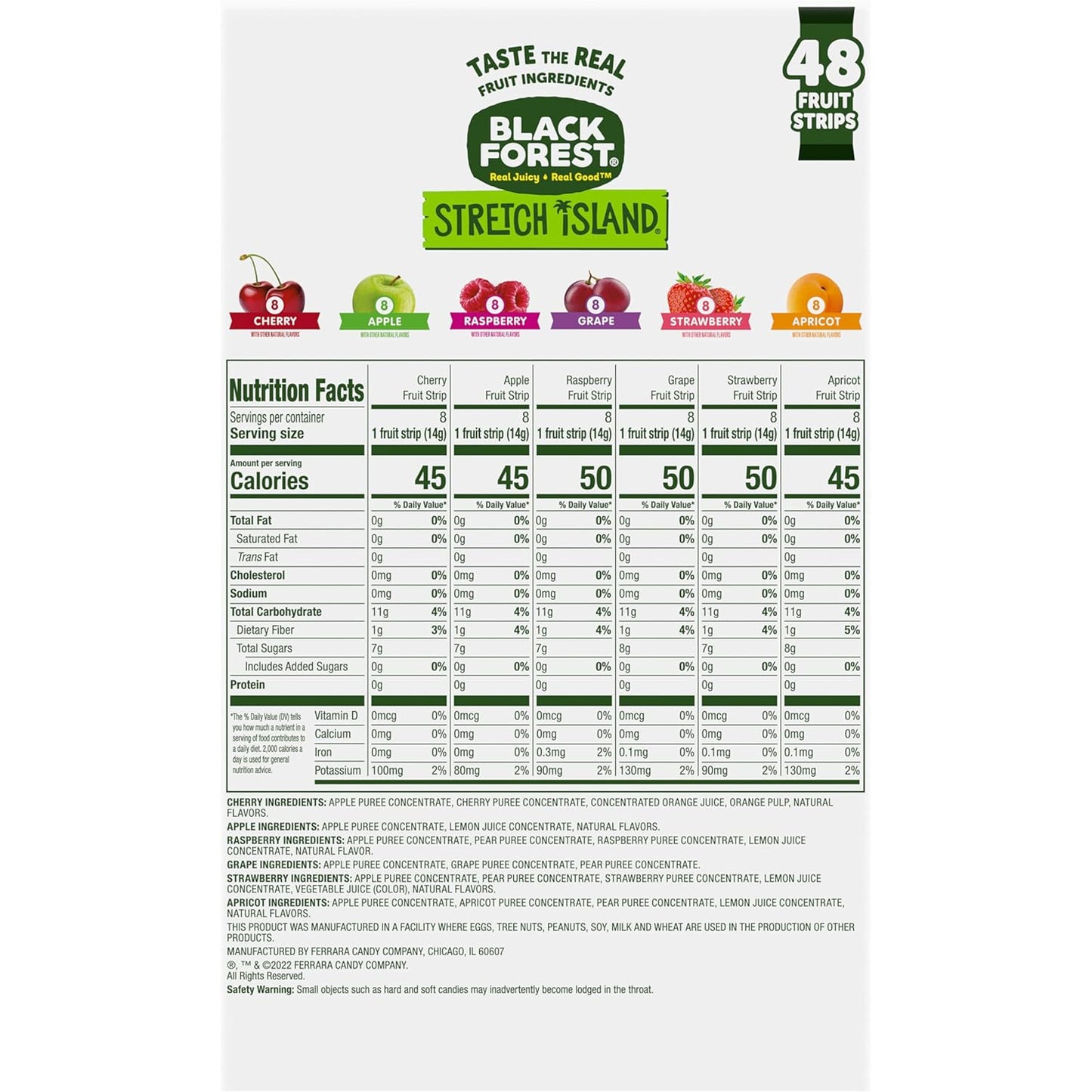 Black Forest, Stretch Island, Fruit Strips, Cherry, Apple, Raspberry, Grape, Strawberry, and Apricot, Zero Grams Added Sugar Non-GMO, 48 ct