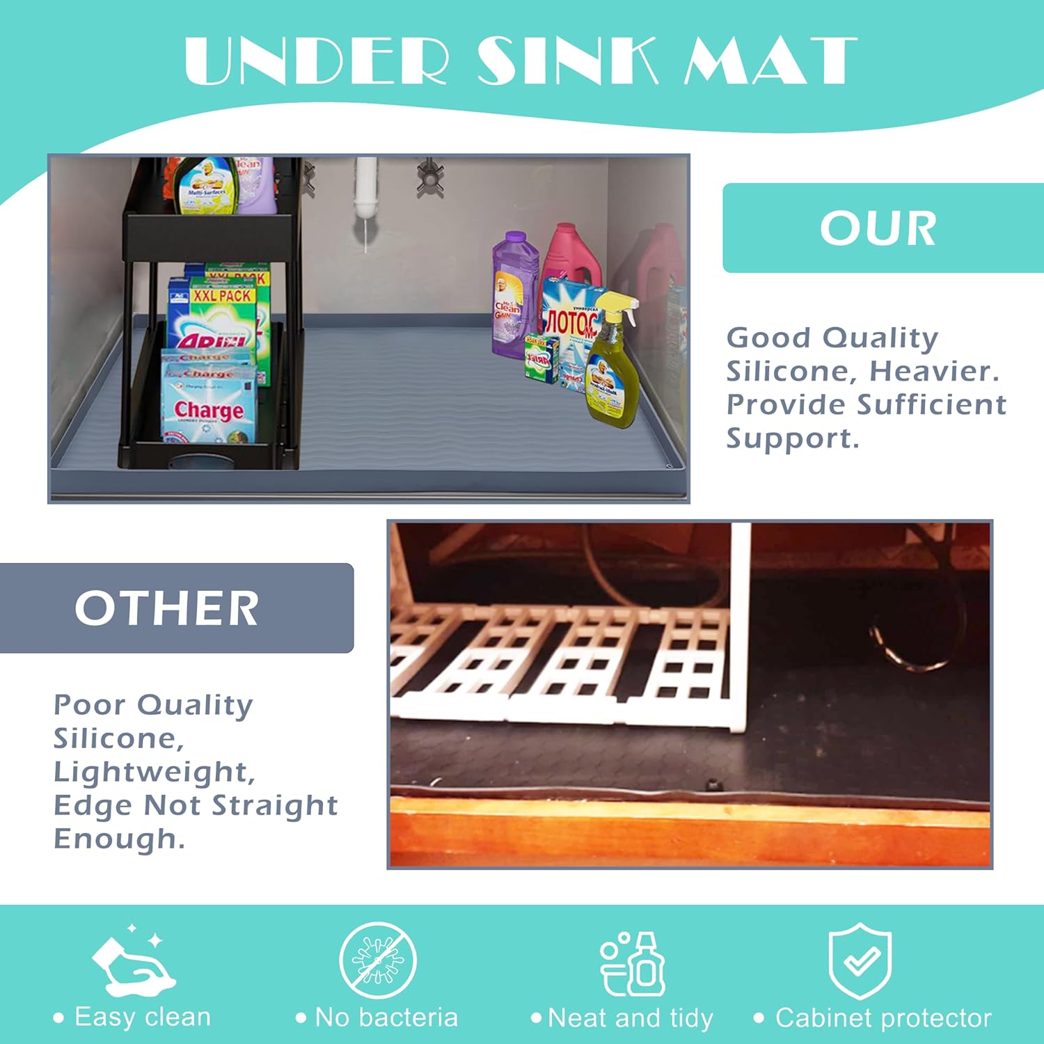 URMONA Waterproof Silicone Under Sink Mat 31'' x 22'' Shelf Liner for Kitchen and Bathroom, Cabinet and Counter Protector, Storage and Organizers, Litter Mat, Pet Cat Puppy Essentials(Dark Grey)