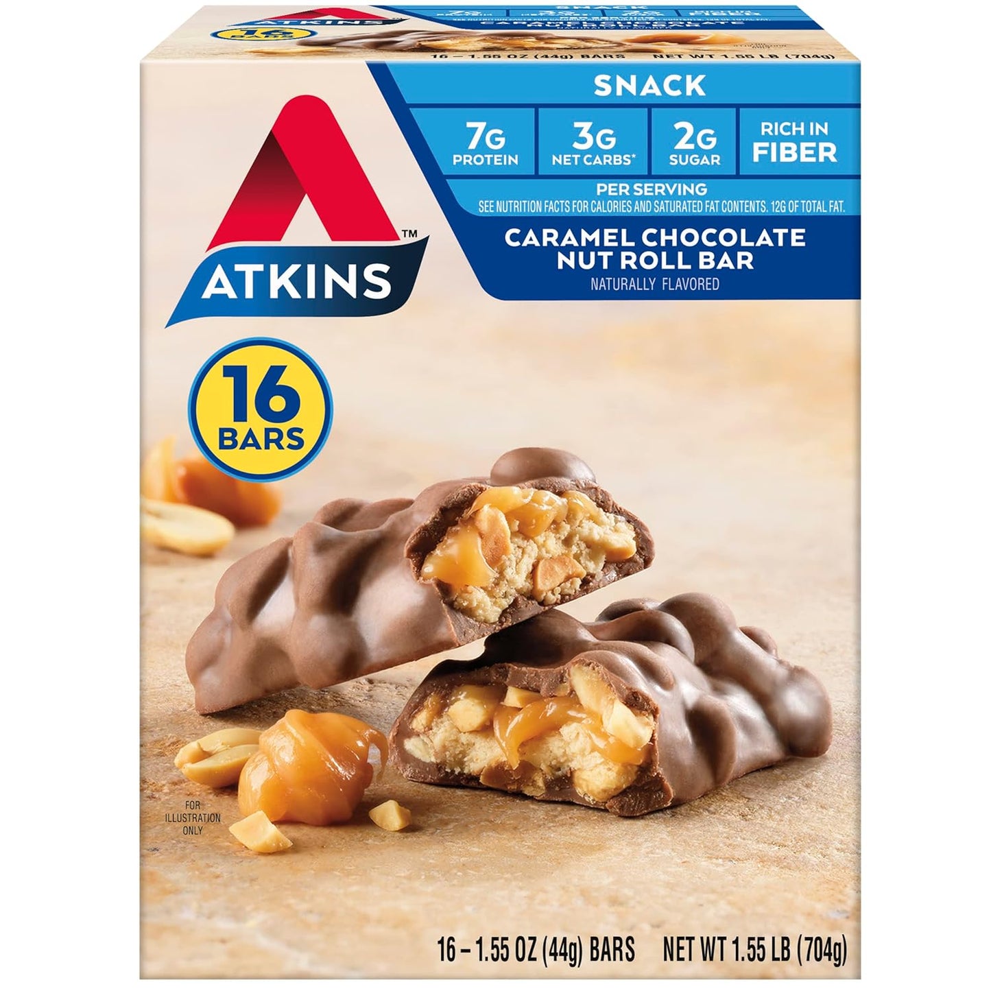 Atkins Caramel Chocolate Nut Roll Snack Bar, Protein Snack , 7g Protein, 2g Sugar, High Fiber Snack, 16 Count