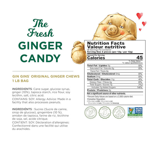 GIN GINS Original Ginger Chews – Natural Fresh Ginger Candy by The Ginger People – Individually Wrapped Healthy Candy – Original Flavor – Large 1 lb Bag (16oz) – Pack of 1