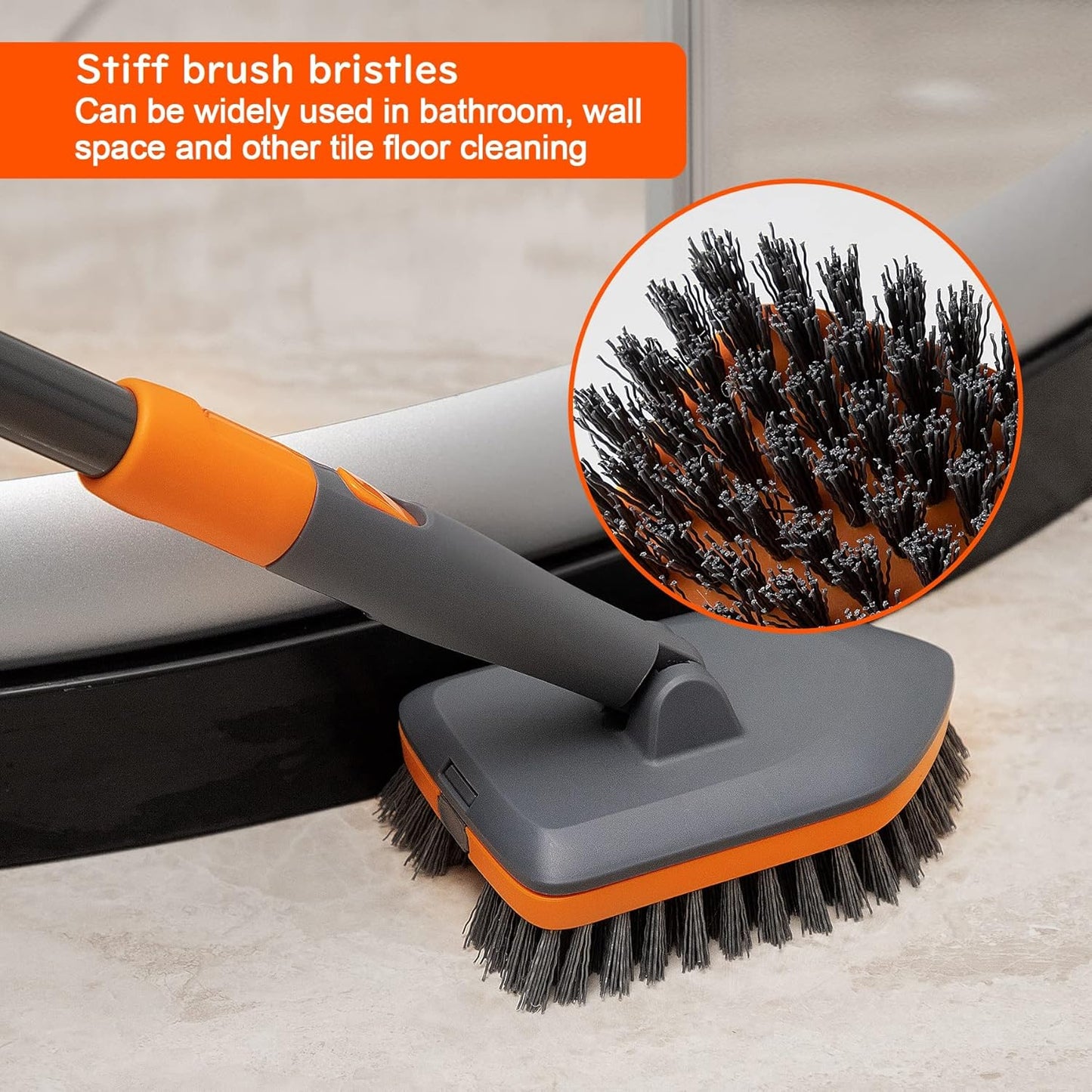 Tile Tub Scrubber Brush with 3 Different Function Cleaning Heads and 56" Extendable Long Handle-No Scratch Shower Scrubber for Cleaning Bathroom Kitchen Toilet Wall,Bathtub,Sink,Grey