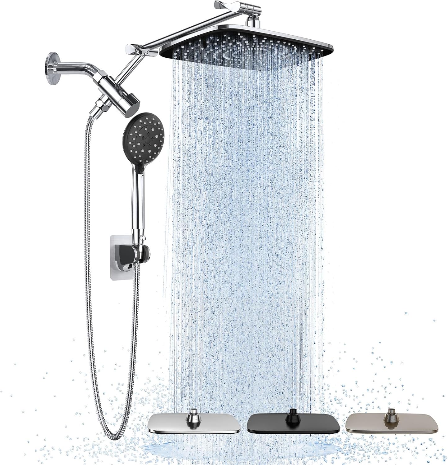 Veken Wide Rain Shower Head with Handheld, High Pressure Rainfall Showerhead Combo with Arm for Bathroom Accessories, Home Decor, Detachable Dual Shower with Multi Modes Handheld Spray, Silver Chrome