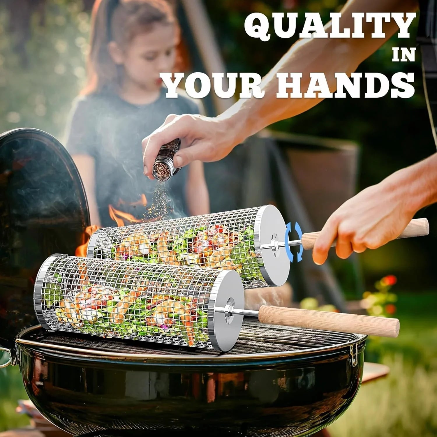 Nesting Grill Baskets (2PCS) with Removable Wooden Handle, Stainless Steel BBQ Tools