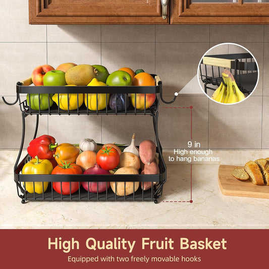 2 Tier Large Fruit Basket for Kitchen Counter with 2 Mobile Banana Hangers, 2025 Pro Detachable Metal Fruit Bowl with Wooden Handle (Black, 2 Tier)