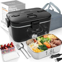 Electric-Lunch-Box-Heated-Food-Warmer 100W Heating Lunchbox for Adults 1.8L Portable Food Heater for Work/Car, 12V/24V/110-230V Lonchera Eléctrica Portátil with Fork Spoon (Black)