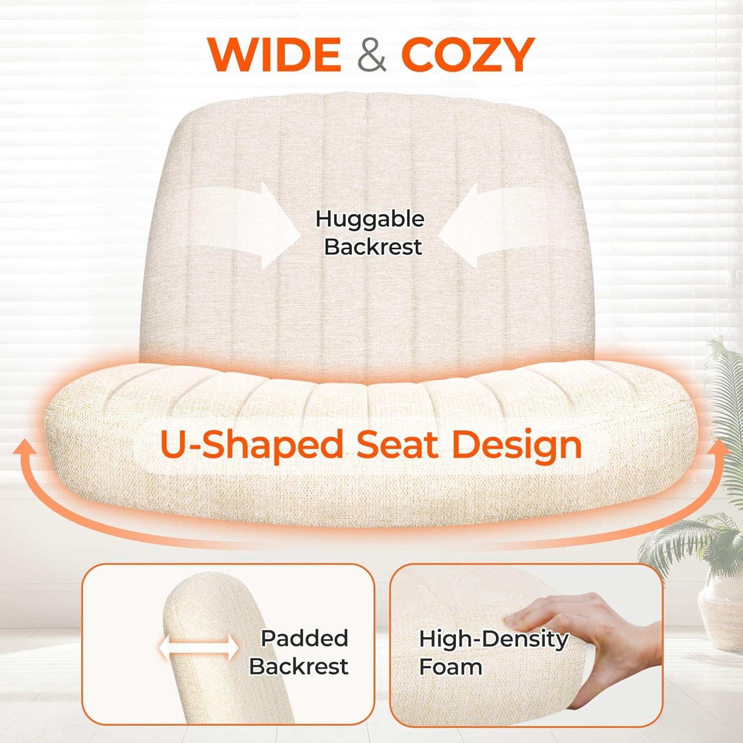 Orange Factory Criss Cross Chair Wheels Wide Cross Legged Office Desk Vanity Chair Comfy Fabric Armless Adjustable Swivel for Home Computer Task (Beige)