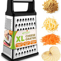 Spring Chef Professional Cheese Grater - Stainless Steel, XL Size, 4 Sides - Perfect Box Grater for Parmesan Cheese, Vegetables, Ginger - Dishwasher Safe - Black