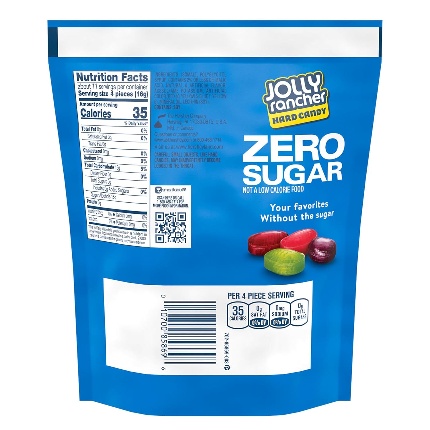 JOLLY RANCHER Zero Sugar Assorted Fruit Flavored Hard Candy Bag, 6.1 oz
