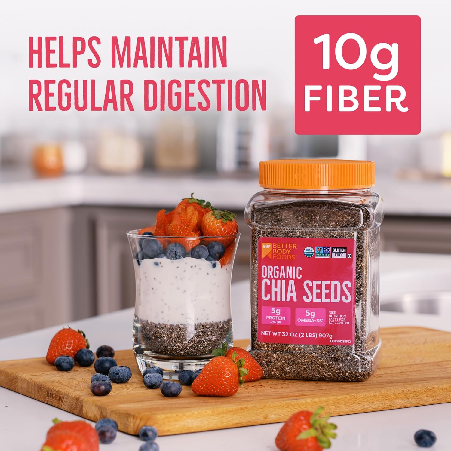 BetterBody Foods Organic Chia Seeds 2 lbs, 32 Oz, with Omega-3, Non-GMO, Gluten Free, Keto Diet Friendly, Vegan, Good Source of Fiber