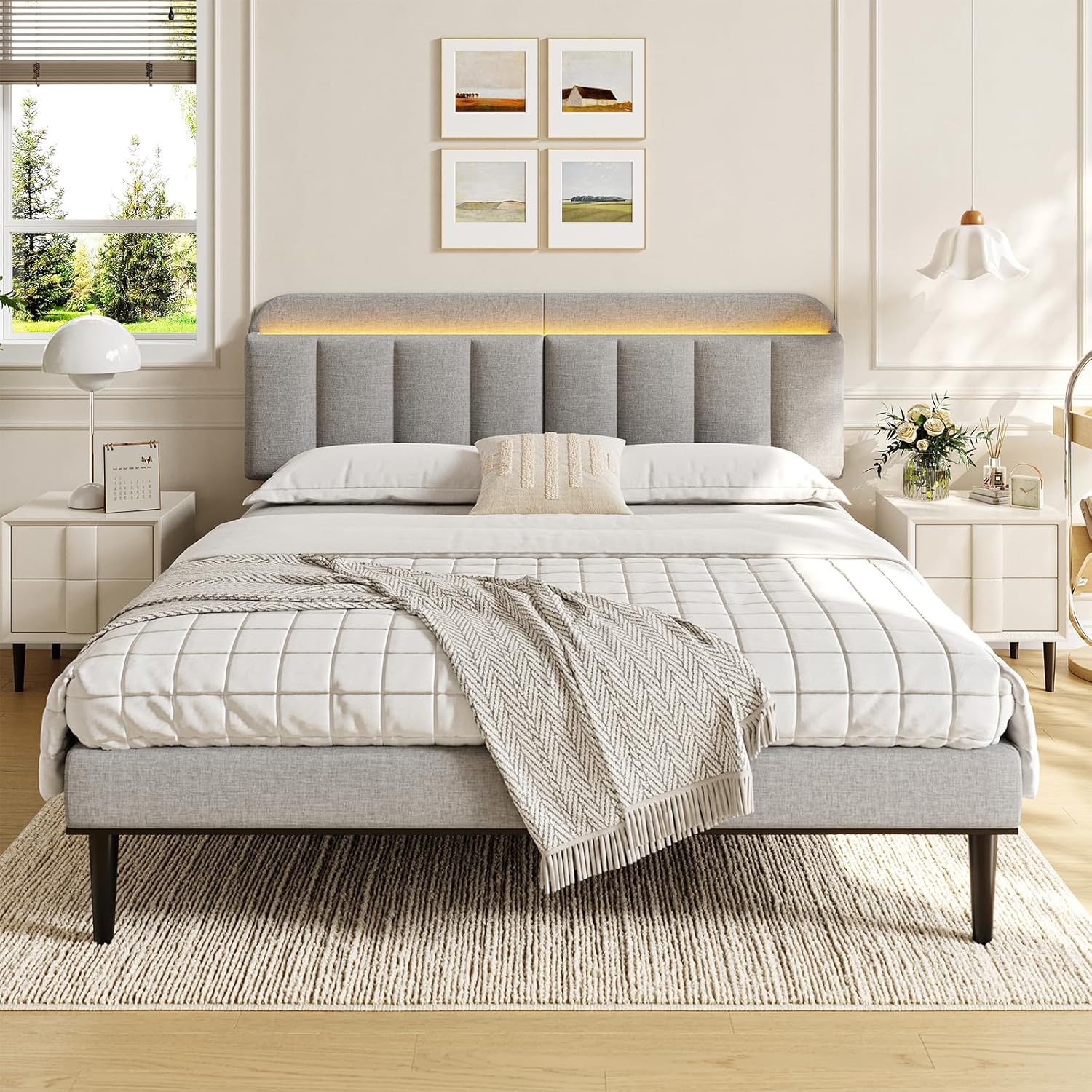 ONBRILL Adjustable Headboard for King/California King Size Bed Frame, Linen Fabric Bed Headboard with Storage & RGB LED Light in Modern Vertical Channel Design, Light Grey
