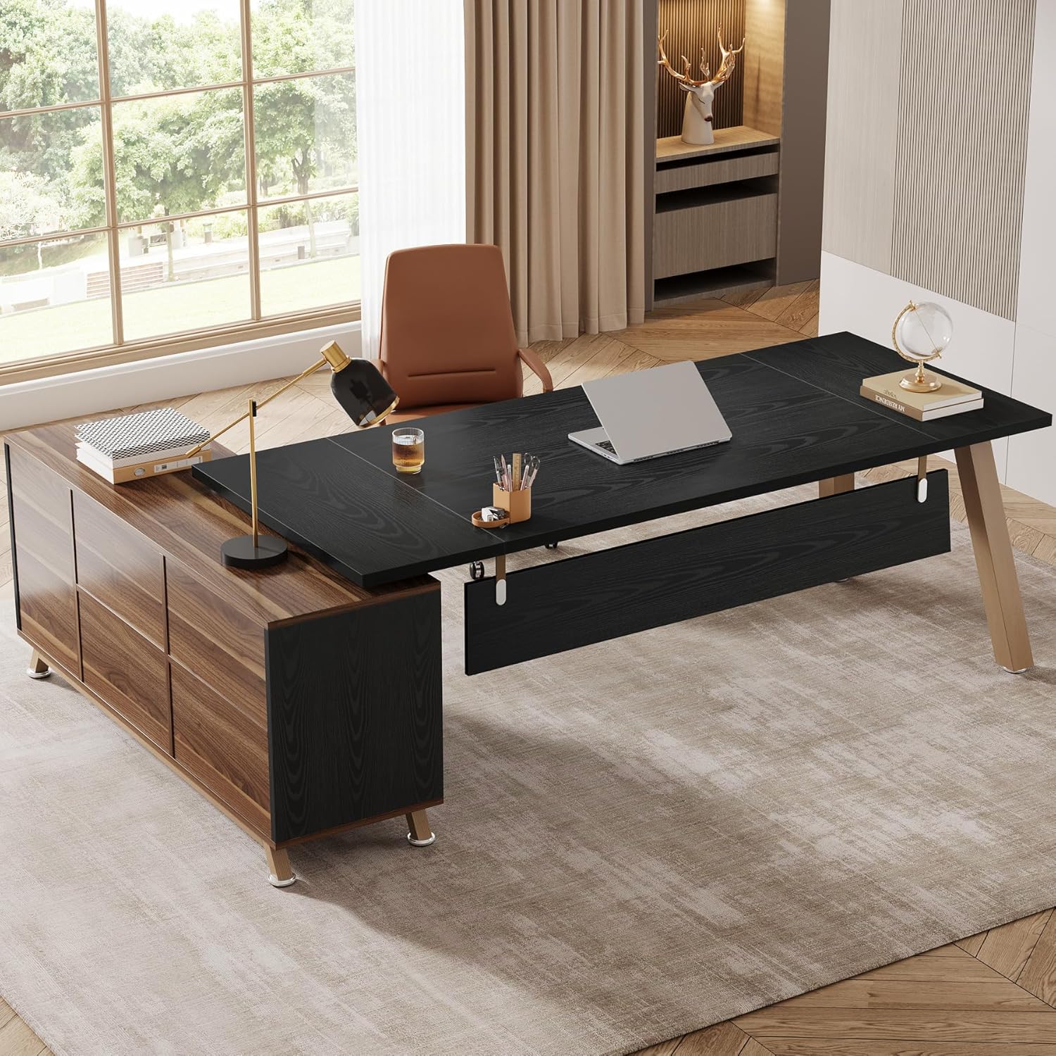 Tribesigns 78.7-Inch Executive Desk, L-Shaped Desk with 55-Inch Cabinet, Large Office Desk with Storage Shelves, Modern Computer Desk for Home Office, Black & Walnut