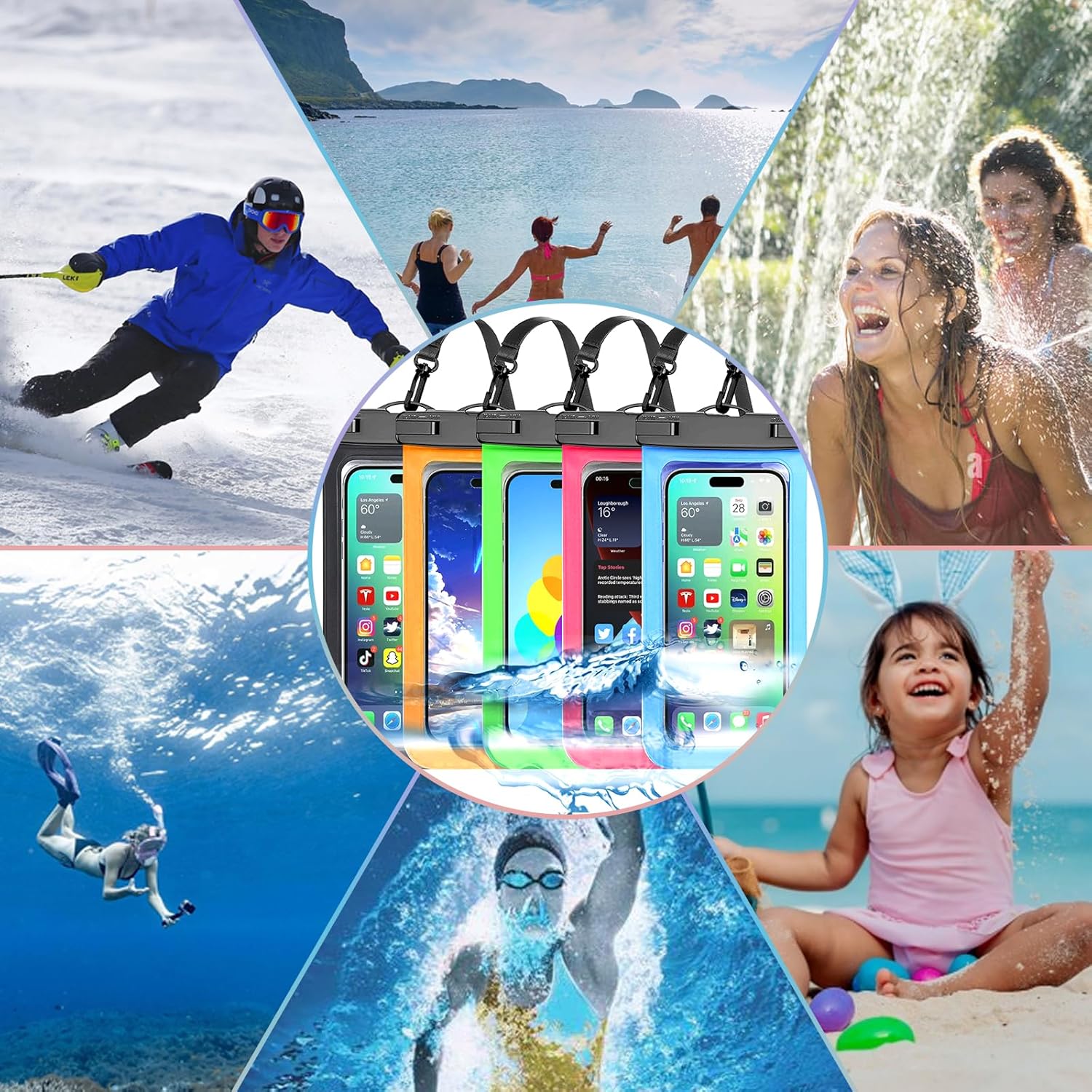 Famoby Up to 8.3" 5 Pack Multicolor Universal Waterproof Phone Pouch, Phone Waterproof Case Dry Bag,Protection Level: IP68,Outdoor Sports for Apple iPhone,Samsung