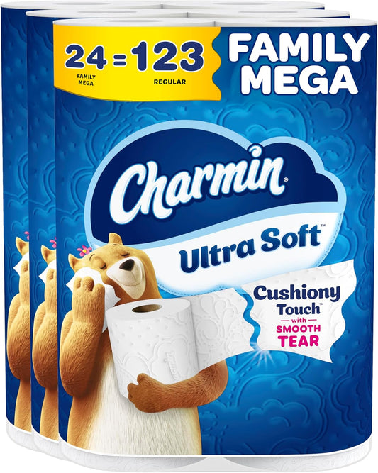 Charmin Ultra Soft Cushiony Touch Toilet Paper, 24 Family Mega Rolls = 123 Regular Rolls