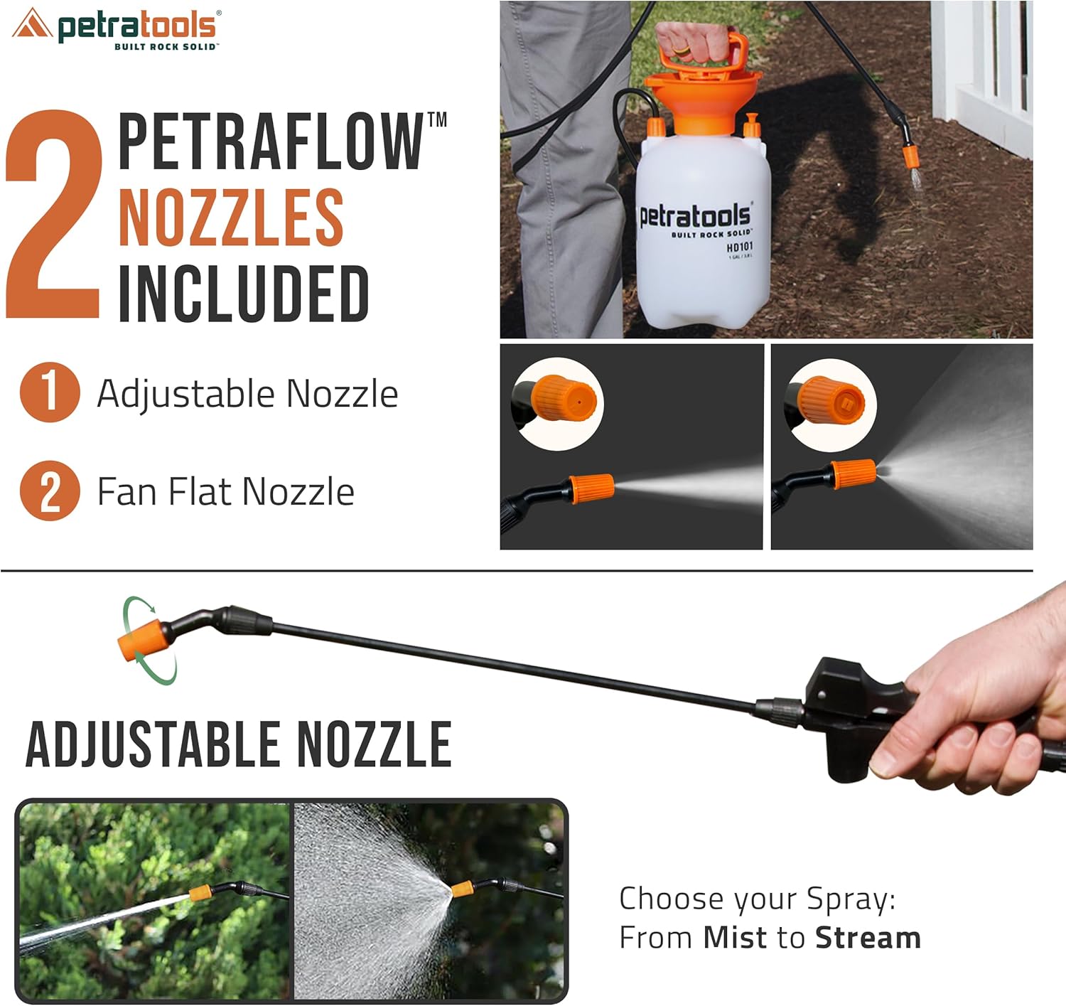 Petratools 1 Gallon Pump Sprayer – HD101 Garden Sprayer for Weeds, Lawn Care & Pesticides – 52” Long Hose, 2 Nozzles & Easy Carry Handle – Durable & Lightweight