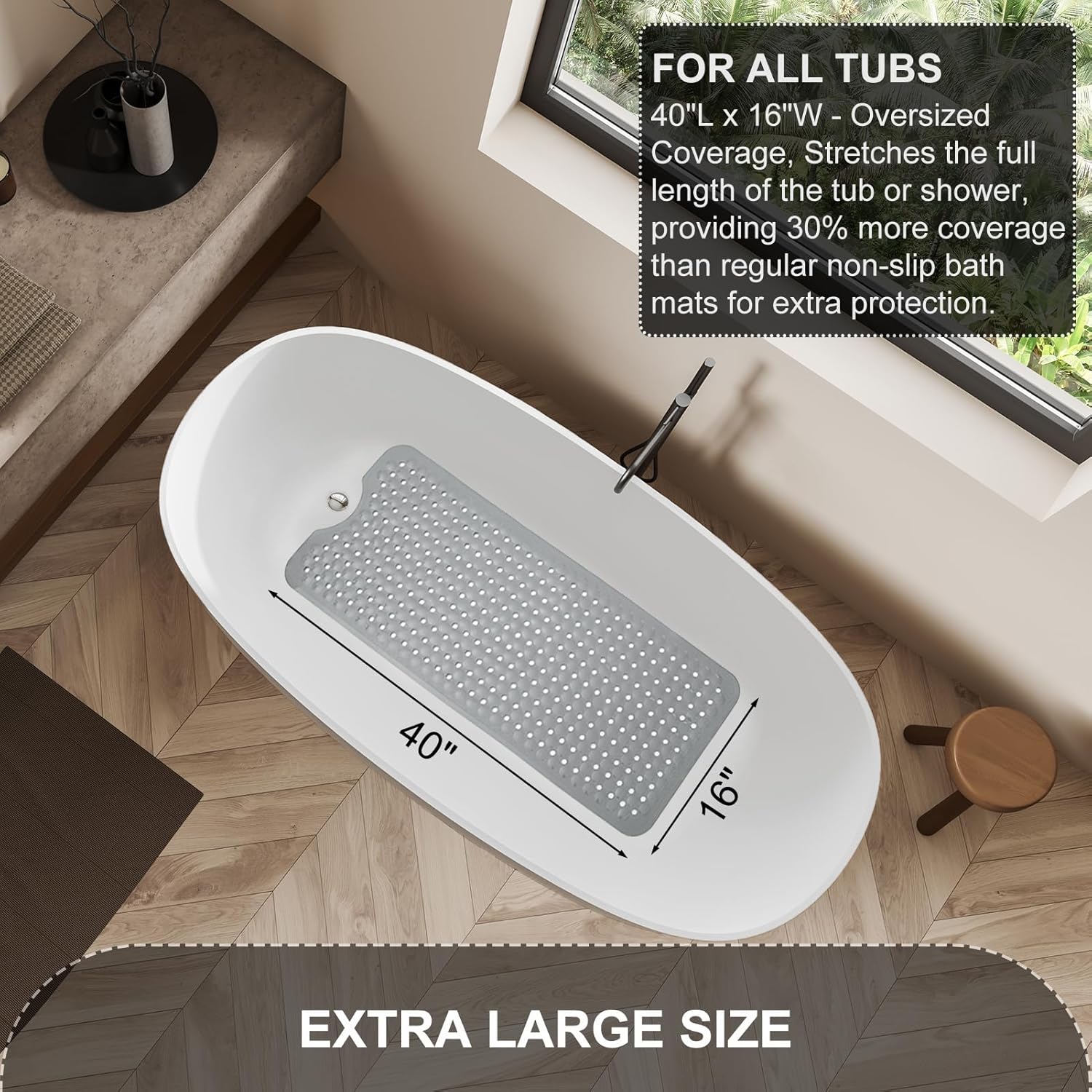 Bath Tub and Shower Mats, Non Slip 40 x 16 Inch Extra Large Bathtub Mat, Machine Washable Bathmat with Drain Holes, Suction Cups for Bathroom Floor, Gray