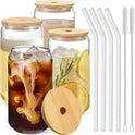 Drinking Glasses with Bamboo Lids and Glass Straw 4pcs Set - 16oz Glass Cups, Iced Coffee Glasses, Cute iced Tea Glasses, Beer Glasses, Ideal for Coffee Bar Accessories, Aesthetic Gift - 2 Brushes