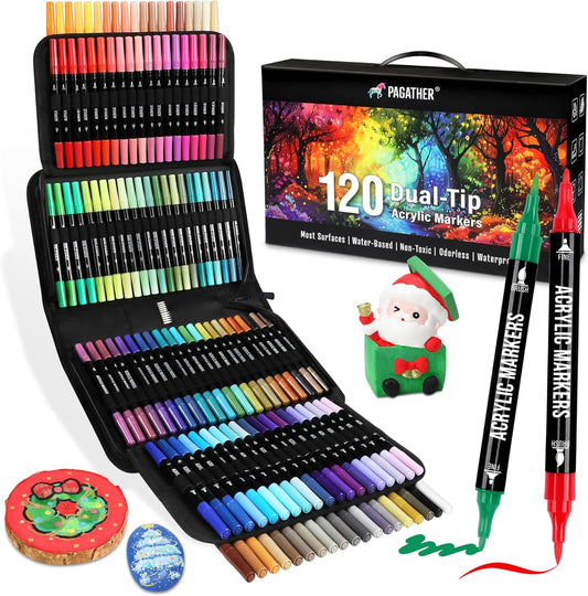 120 Colors Acrylic Paint Markers, Dual Tip Fine and Brush Tips Pens Contain 24 Metallic Color for Stone, Wood, Calligraphy, Canvas, Ceramic, Metal, Glass, Rock Painting, DIY Crafts Art Supplies Kit