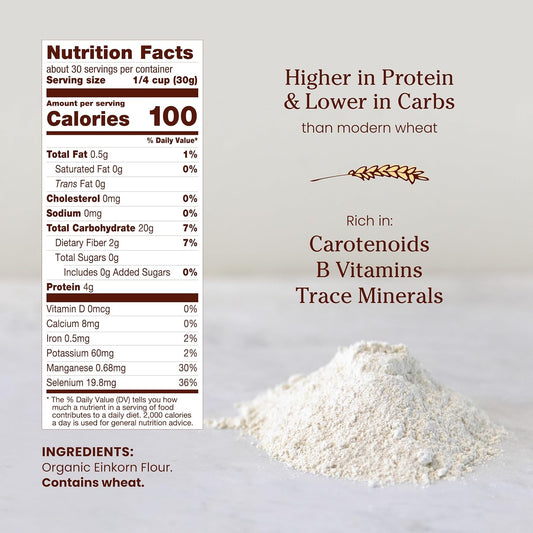 Jovial Organic Einkorn Unbleached All Purpose Flour - Bread Baking Flour for Sourdough, High Protein, Non-GMO, Organic Pizza & Pasta, European Italian, Glyphosate Free - 32 Oz