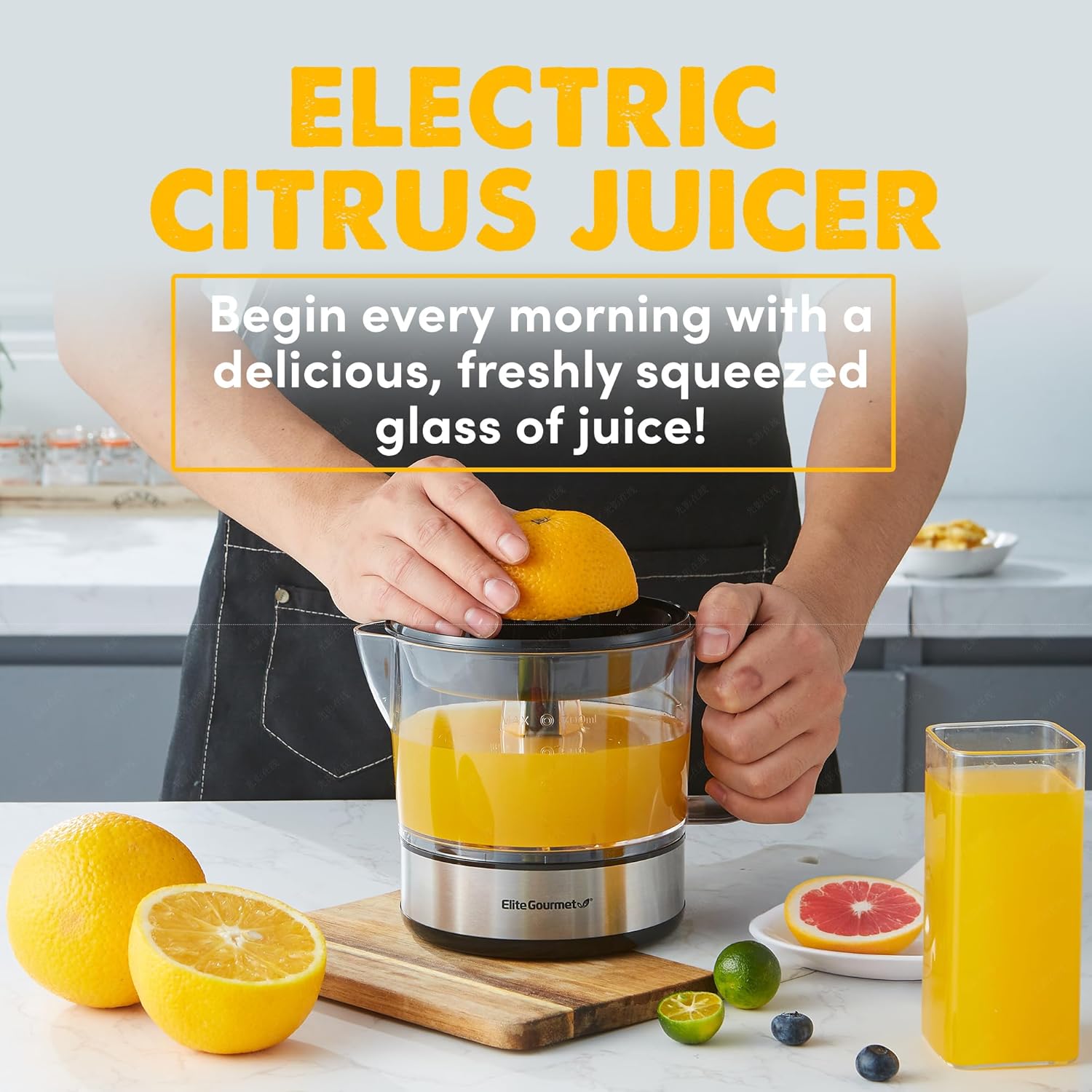 Elite Gourmet ETS623 BPA-Free 40-Watt Electric Citrus Juicer, Compact, Large Volume, Pulp Control, Oranges, Lemons, Limes, Grapefruits with Easy Pour Spout, 24oz, Black/Stainless Steel