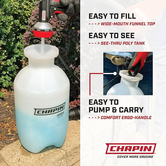 Chapin USA 20004 Pump Sprayer, 1 Gallon, Lawn and Garden, Hand Pressurized, Anti-Clog Filter, Adjustable Spray Nozzle, Spraying Plants, Watering, Weeds, Fertilizer and Pests, Translucent