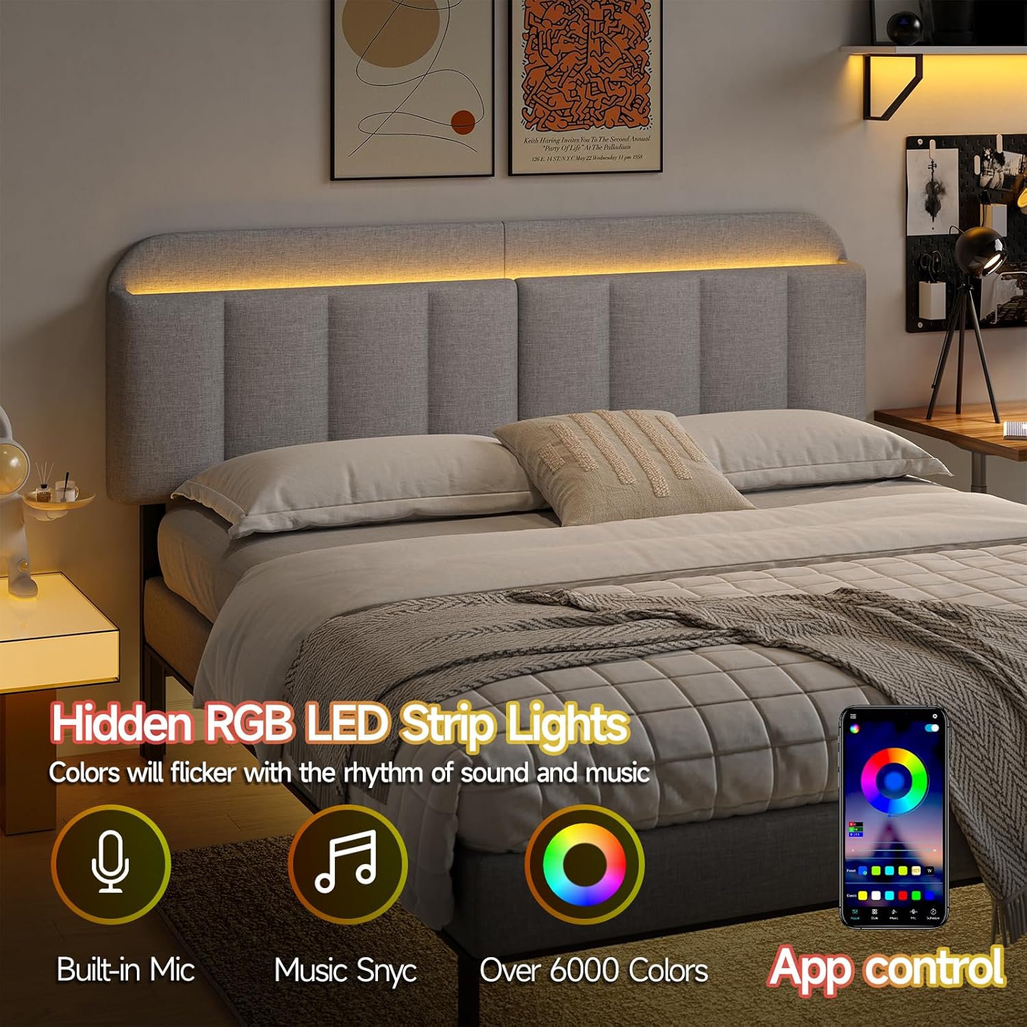 ONBRILL Adjustable Headboard for King/California King Size Bed Frame, Linen Fabric Bed Headboard with Storage & RGB LED Light in Modern Vertical Channel Design, Light Grey