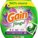 Gain flings Laundry Detergent Soap Pacs HE Compatible 112 ct Long Lasting Scent Moonlight Breeze(Packaging May Vary)