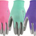 Wells Lamont Gardening Gloves for Women – Breathable Polyester, Seamless Fit – PU-Coated Palm for Grip & Durability – Elastic Wrist – Pink/Green/Purple, Medium, Pack of 3 (413MF)